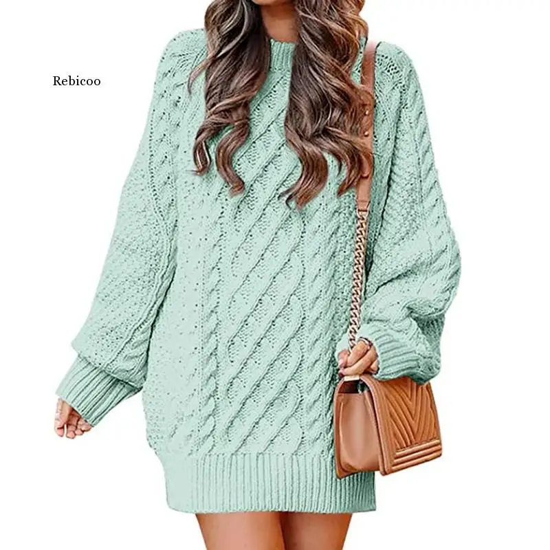 Fashion Round Neck Long-sleeved Large-profile Twill Knitted Thick-needle Pullover Mid-length Sweater Dress Pullover Vintage