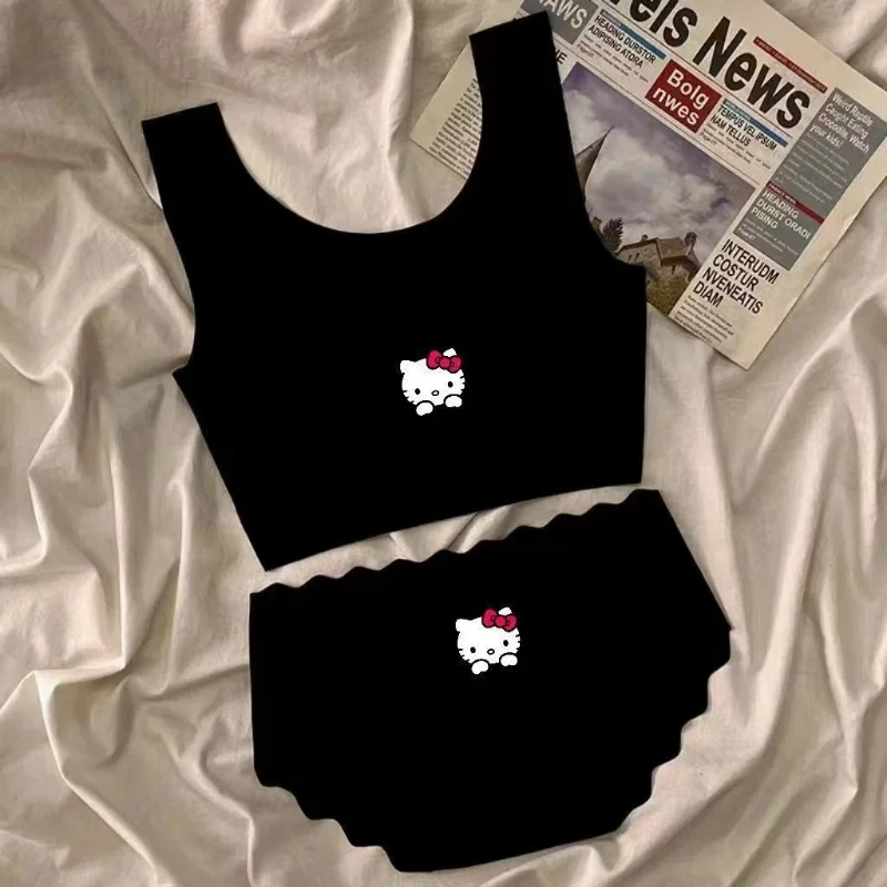 Sanrio Hello Kitty Women\'s Ice Silk Breathable Underwear Traceless Beauty Vest Gathering Bra Student Sports Tube Top Set