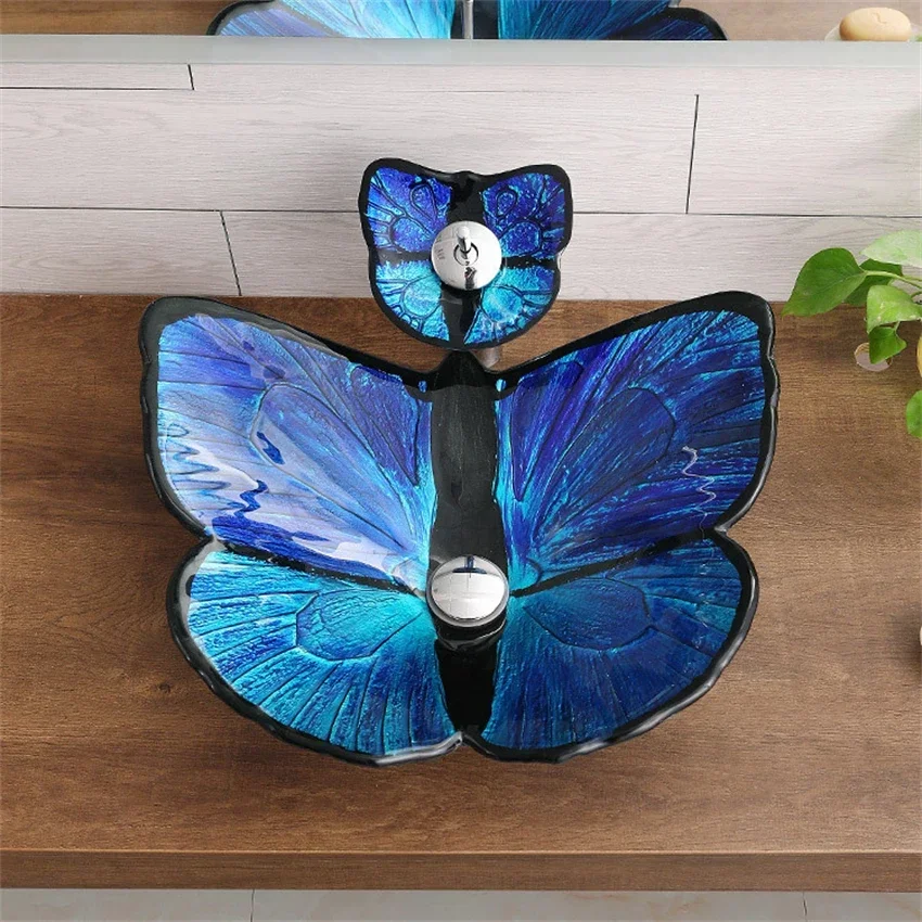 New Style Bathroom Tempered Glass Washbasin Hotel Bathroom Art Basin Butterfly-shaped Personalized Above Counter Basin Washbasin