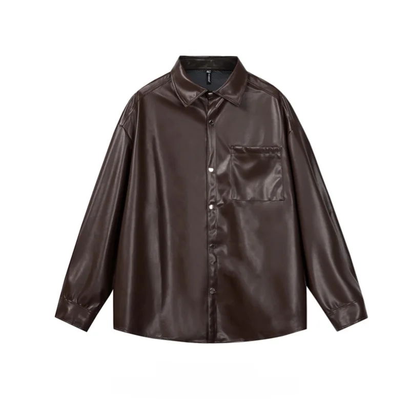 

Spring 2025 Men's PU Leather Long Sve irt Soft Leather Pure Color Haome Sle Mural Outerwear Youth Trend Spring New