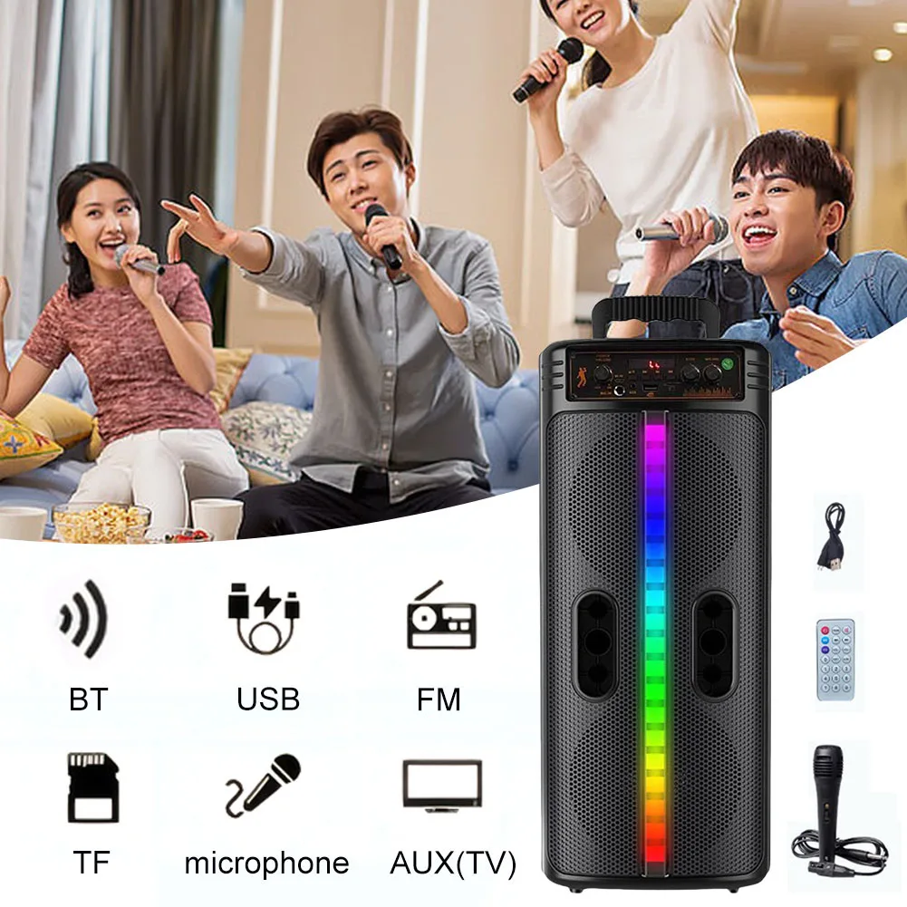 Bluetooth-Compatible Speakers Portable Wireless Speaker with Remote Control & Microphone Double Subwoofer Stereo Loud Speaker