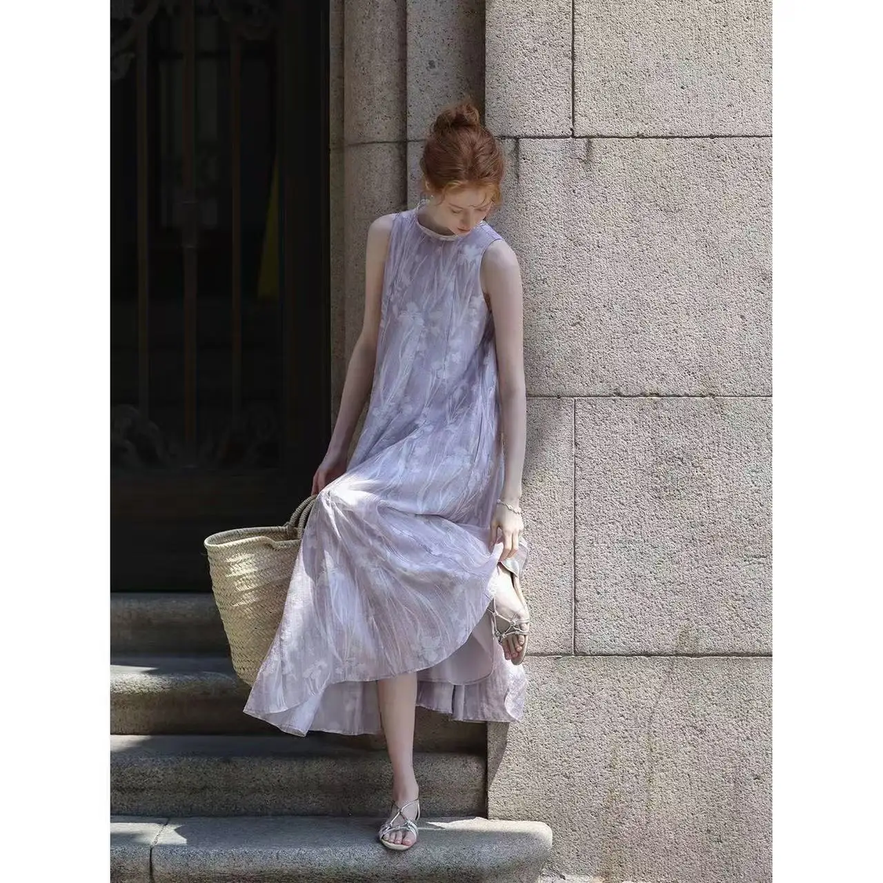 Vestido Feminino Elegante Roxo de Seda Natural de Amoreira, Modelo Longo, Casual de Verão, Gola Redonda e Sem Mangas, para Indústria Pesada