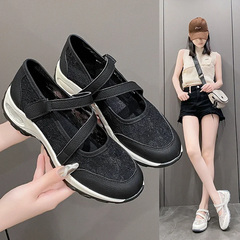 Thick soled casual women's shoes 2024 versatile new lace patchwork shallow mouth single shoe women's fashionable sports shoes