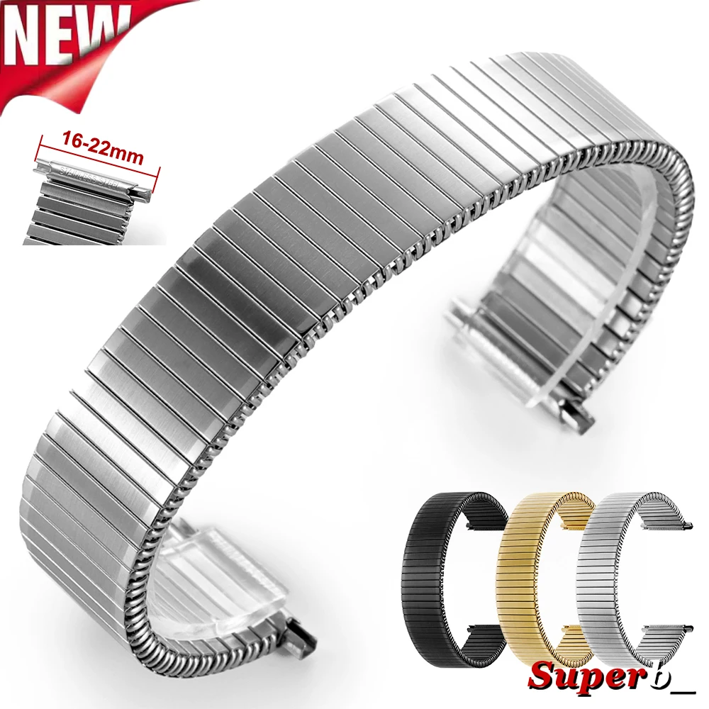 16mm-22mm Edelstahl Elastisches Dehnbares Uhrenarmband Silber Schwarz Gold Uhrenband Metall-Dehnungsarmband Uhrenzubehör