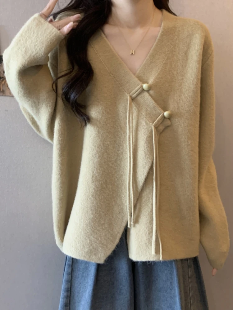 

Women's V-neck Knitted Sweater Cross Design Large Size Spring Autumn Chinese Style Button up Top Beauty Brown Sweater