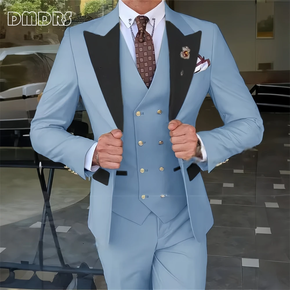 Three-Piece Slim Fitting Suit Set for Men, Peak Lapel One Button Blazer, Vest and Pants, Men's Formal Suits, Wedding Groom