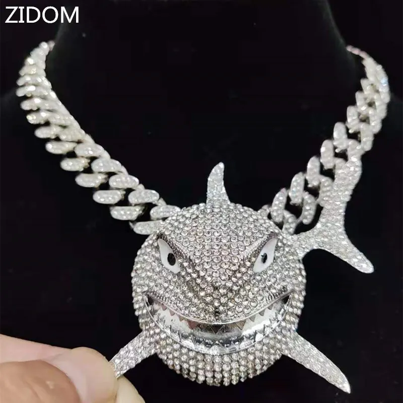 Big Size Shark Pendant Necklace For Men  Hip Hop Bling Jewelry With Iced Out Crystal Miami Cuban Chain fashion jewelry