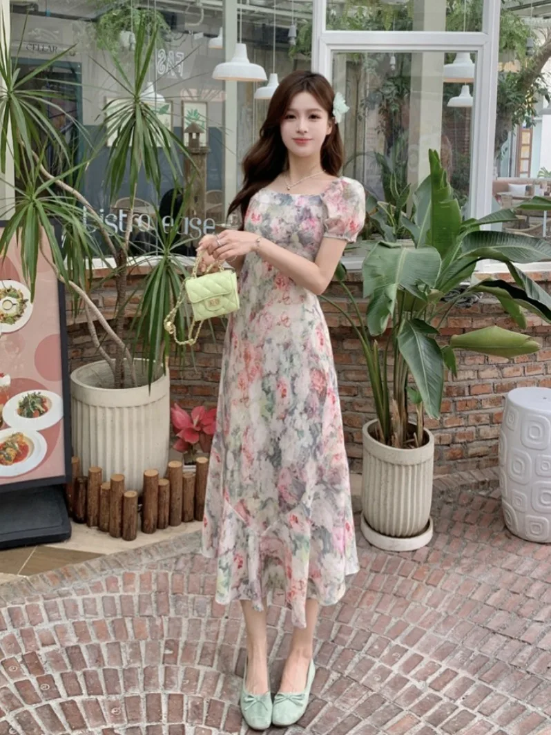 Korejpaa French Elegant Summer Dress Vacation Beach Style Floral Oil Painting Fish Tail Dresses Women Square Neck Vestido