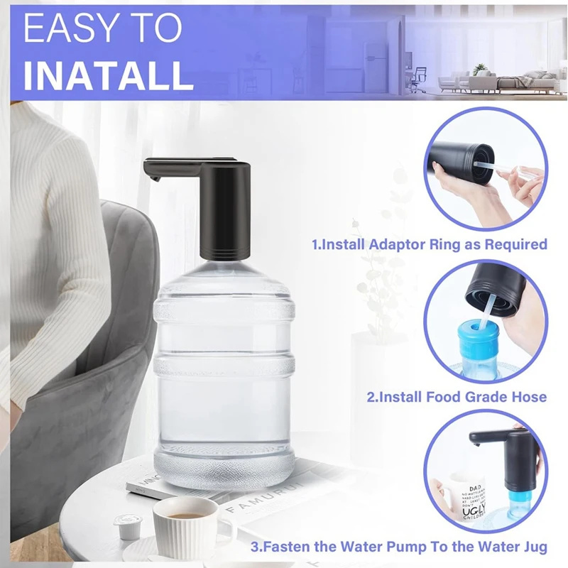 Water Dispenser For 5 Gallon Bottle, Universal 2-Motor Faster Pumping Water Pump, Portable USB Charging Black Durable