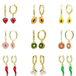 925 Sterling Silver Needle Cute Enamel Fruit Pendant Hoop Earrings for Women Strawberry/Kiwi Fruit/Pepper Gold Earrings Jewelry