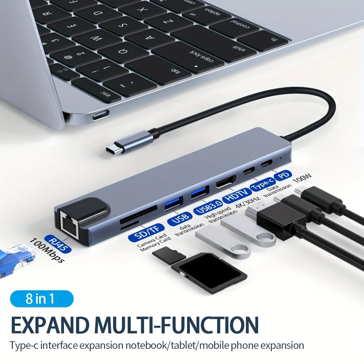 8-in-1 USB C Hub Multiport Adapter with 4K HDMI Hub, 100W Power Delivery, USB 3.0 5Gdps Port, SD/TF Card Reader,