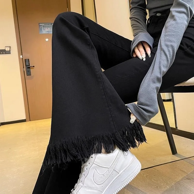 2025 Micro-flare Jeans for Women, Small High-waisted Slim Fur Fringed Floor Pants, Black Bell-bottom Pants