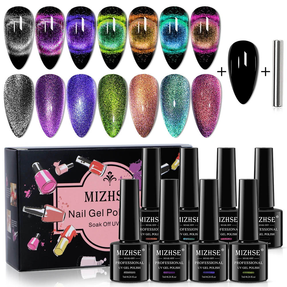 MIZHSE 8PCS Gel Nagellack Set 9D Cat Eye Top Coat Soak Off UV/LED Glitter 9D Cat Eye Magnet Lack Alle Für Nagel Maniküre Kunst