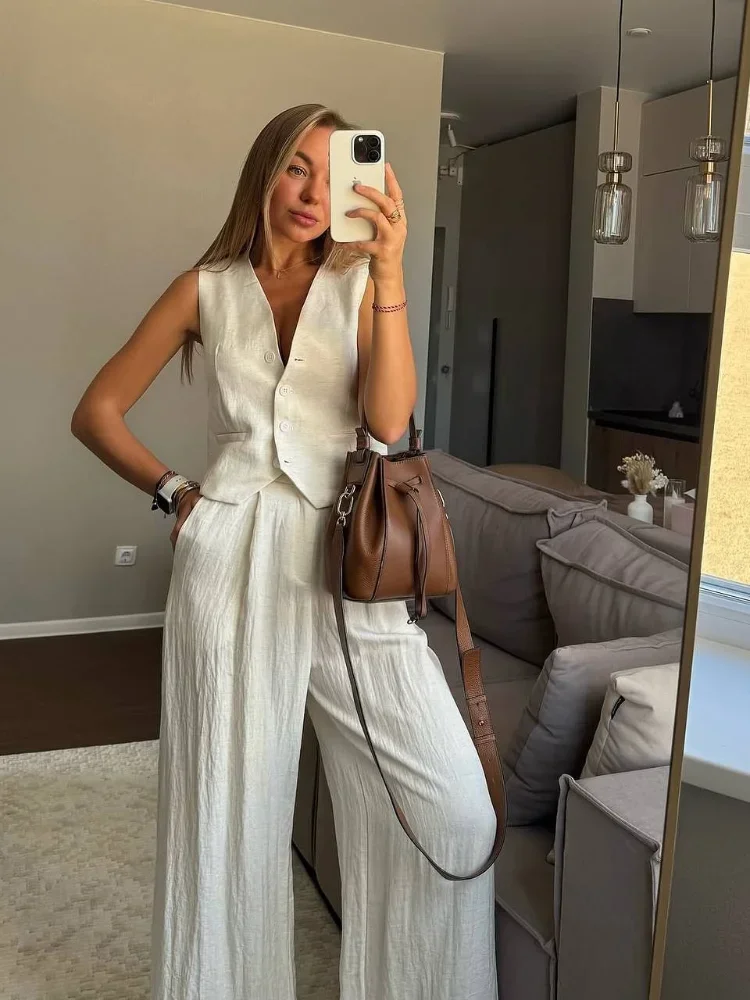 

Sleeveless Deep V Loose Straight Long Pants Set Women Solid Cotton And Linen Vest Suit 2025 Ladies Commuting Daily Streetwear