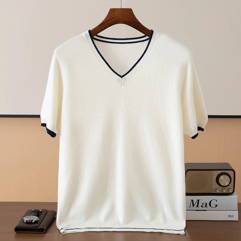 Spring and Autumn 100% Qure Wool V- neck Short Sleeved Color Blocked Knitted Sweater Men's Loose T-shirt