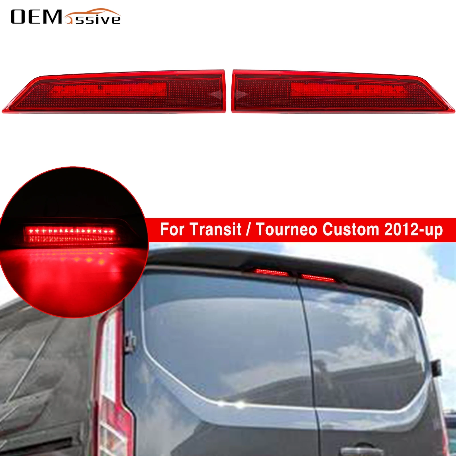 Red Lens LED Brake Lights 3rd Third High Brake Lamp Additional Rear Tail Stop Lights L&R for Ford Transit Tourneo Custom 12-21