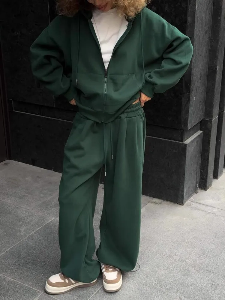 

Women's Casual Long Sleeve Hooded Sports Cardigan Pants Two-piece Set Solid Color Women's Cotton Trendy 2 Piece Set Outfit Slim