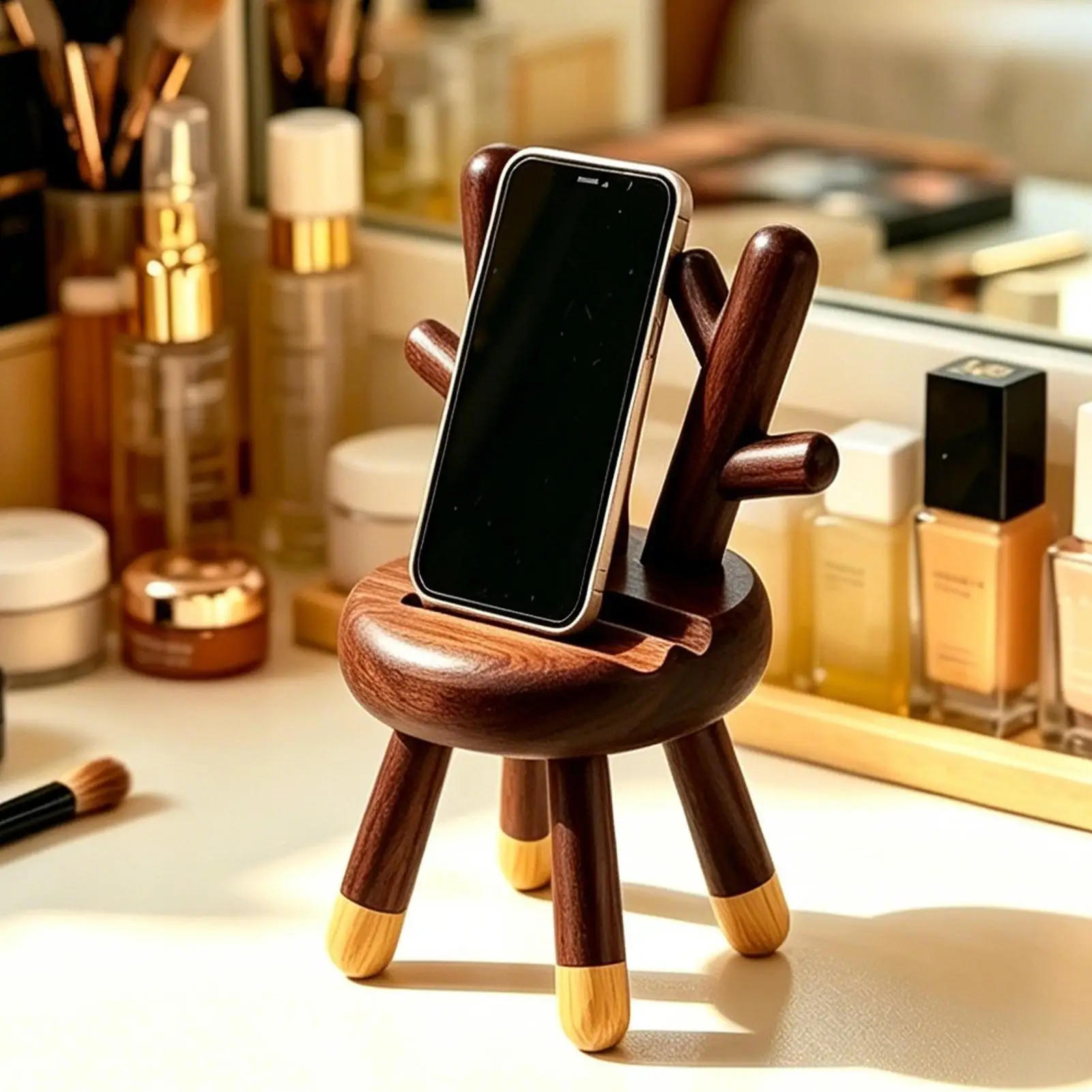 

Phone Stand For Desk Chair Shape Wooden Table Gadgets Cell Phone Desk Stand With Animal Ears For Home Kitchen Bedroom Vanity