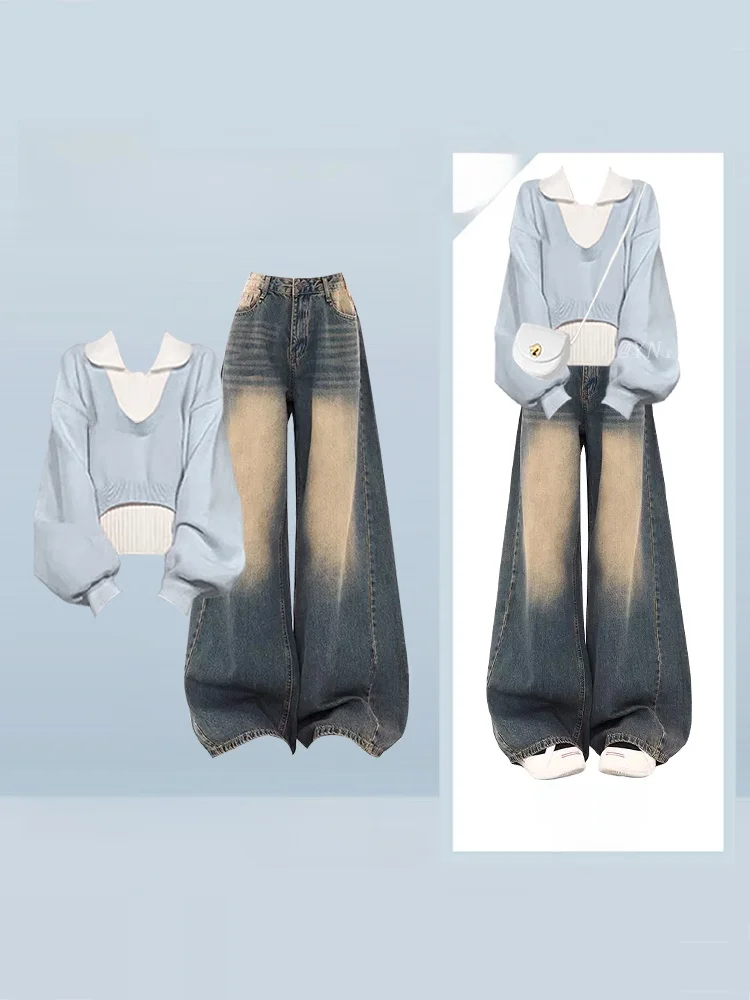 

Korean Style Short Knitted Vest Top And Wide Leg Jeans Women's Loose Slimming Fashion Set Winter Casual High Waist Pure Color