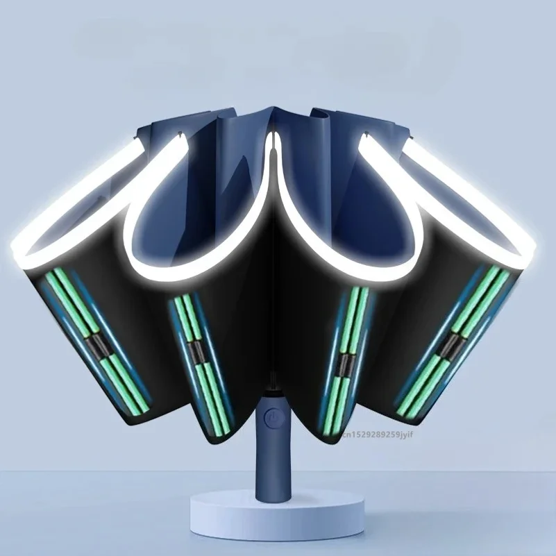 10K Double Bones Automatic Windproof Umbrella 20 Ribs Reflective Strip Windproof Reverse Folding UV Umbrella For Car