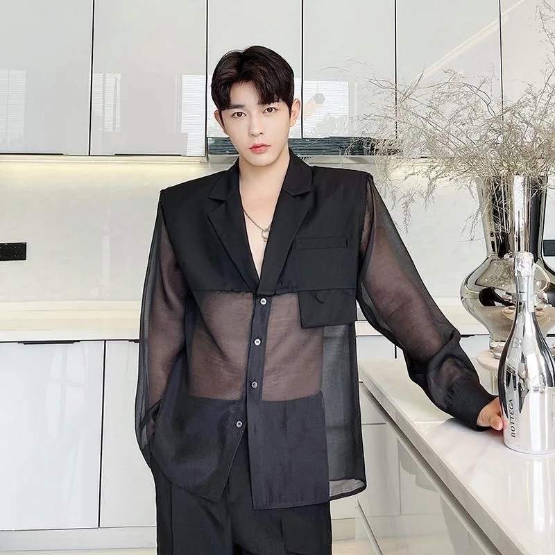 Summer New Ultra-thin Suits Coat Men Sexy Transparent Yarn Breathable Streetwear Oversized small Blazer Coat Male Stylist Jacket