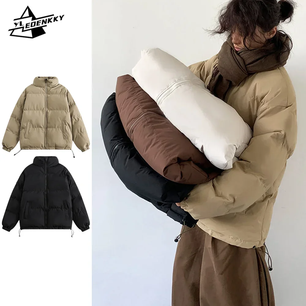 Winter Preppy Style Parkas Men Women Harajuku Solid Color Thick Cotton Coat Street Vintage Loose Warm Coat Korean Couple Jacket