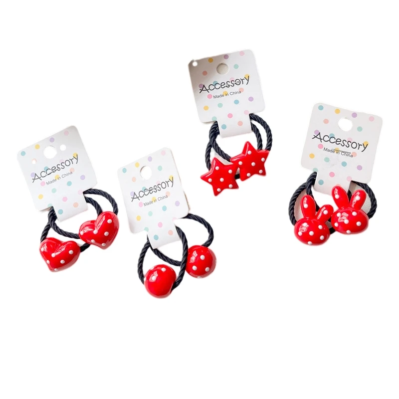 2PCS New Red Wave Dot Rabbit Head Girls Kids Elastic Hair Bands Princess Cute Hair Accessories Children Hair Ties Baby Headwear