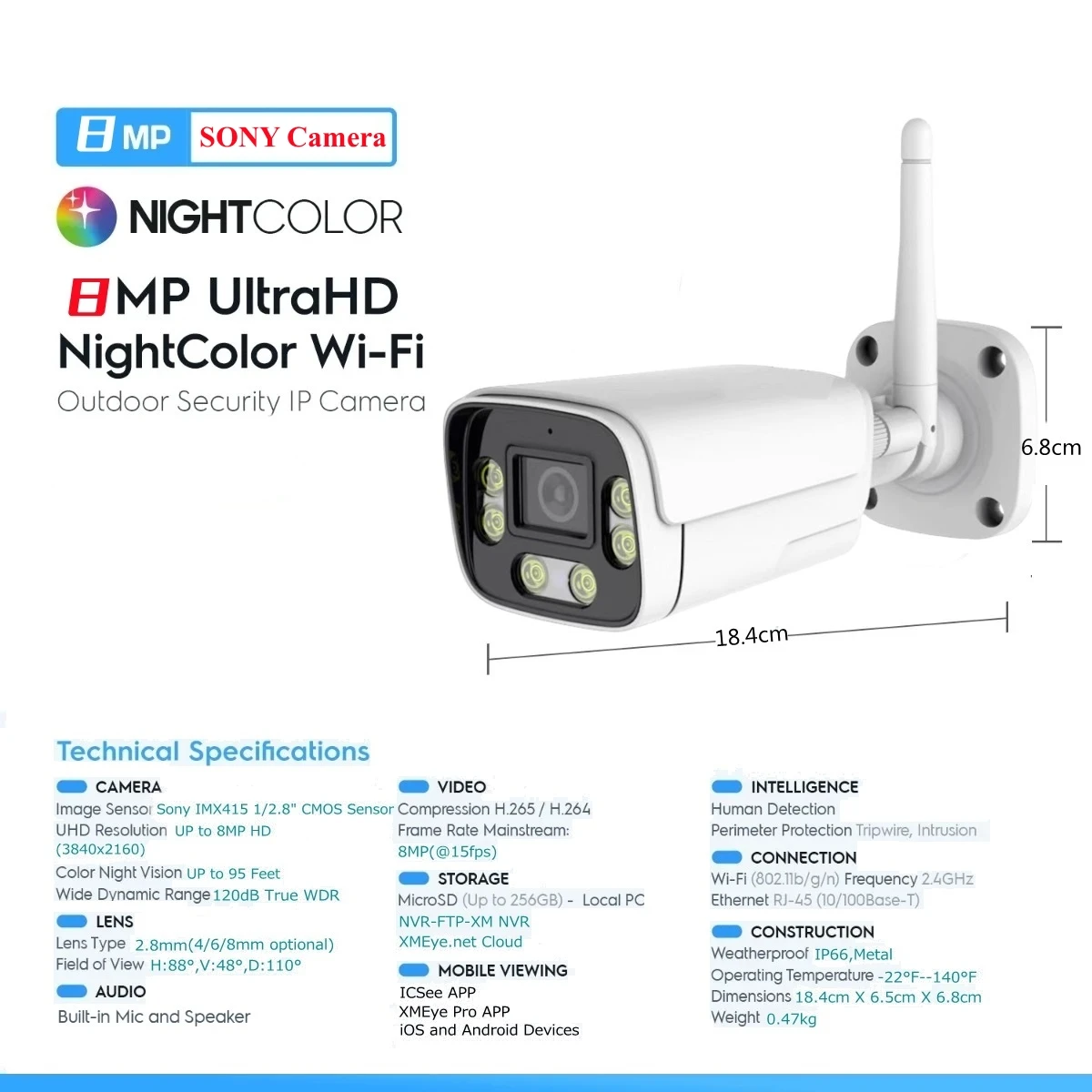 4K IMX415 8MP Wireless Outdoor Security Wifi AI Camera 98ft NightColor Human Detection Bullet telecamera IP impermeabile H.265