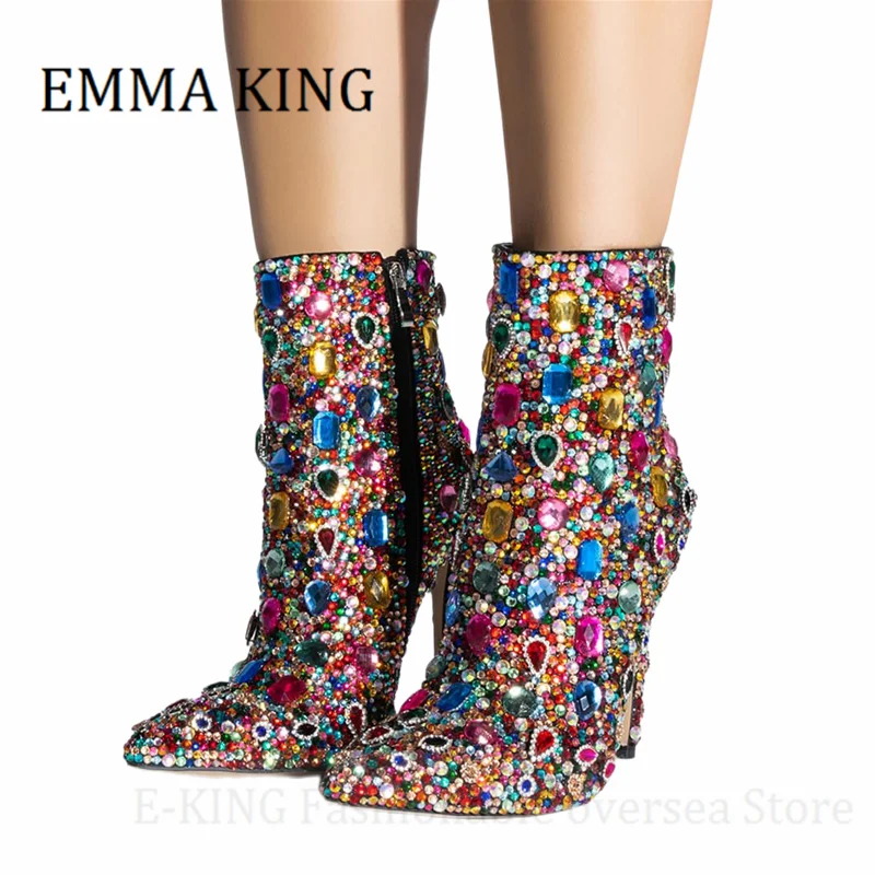 Women Multicolor Crystal Ankle Boots Sexy Stiletto Heels Rhinestone Cocktail Booties Ladies Bling Party Shoes Botas De Mujer