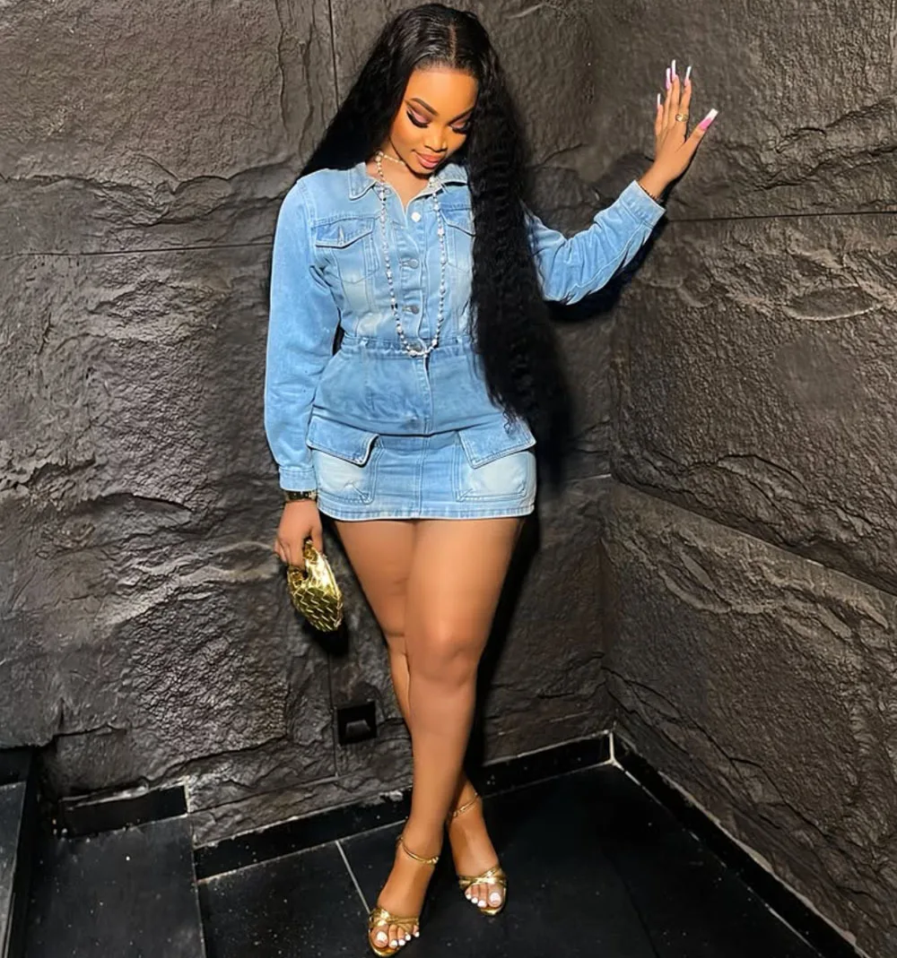 

Women's Solid Color Washed Denim Long Sleeve Dress Button Front Ruched Waist Mini Dress Trendy Casual Outfit Dating & Night Out