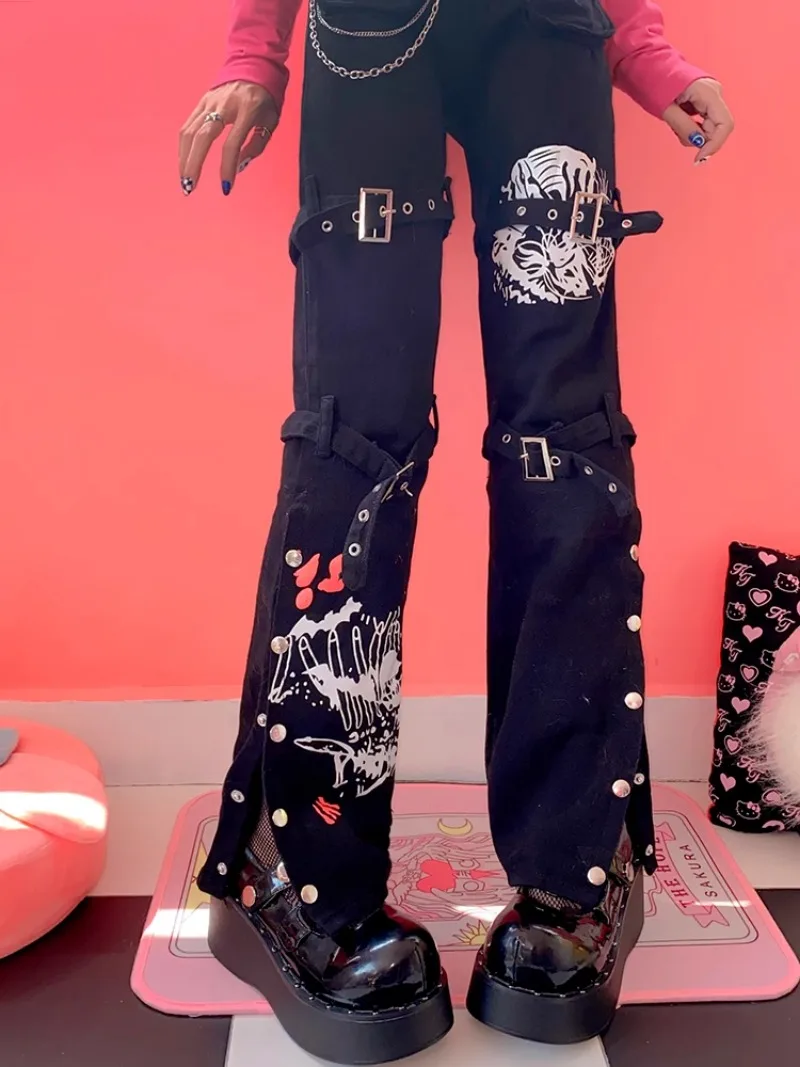 Otoño Punk nuevo suelo europeo y americano Cool Y2K pantalones de calle millenaria versátil negro oscuro pantalones casuales de moda mujeres