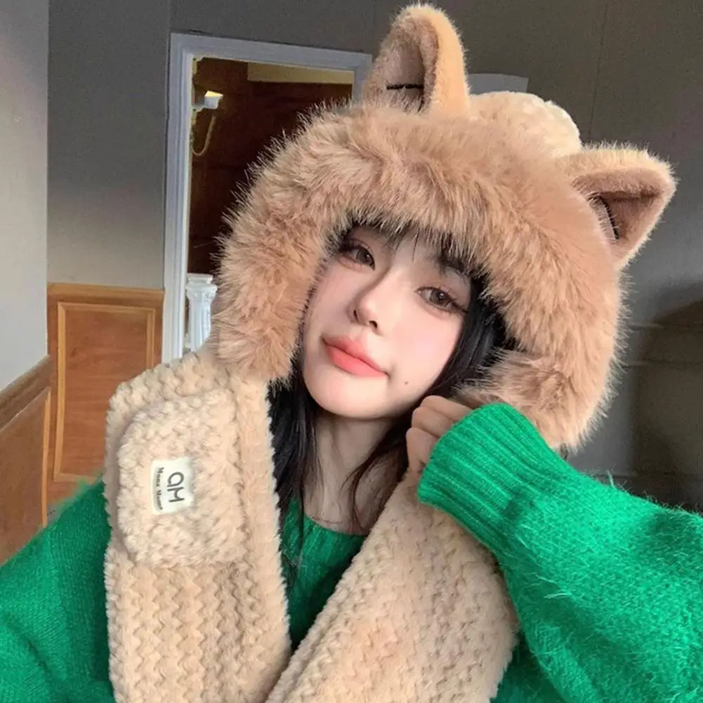 Fox Ear Hat Ultra-thick Windproof Plush Beanie Hat with Fox Ear Design Super Soft Scarf Fashion Winter Headwear for Women Warm