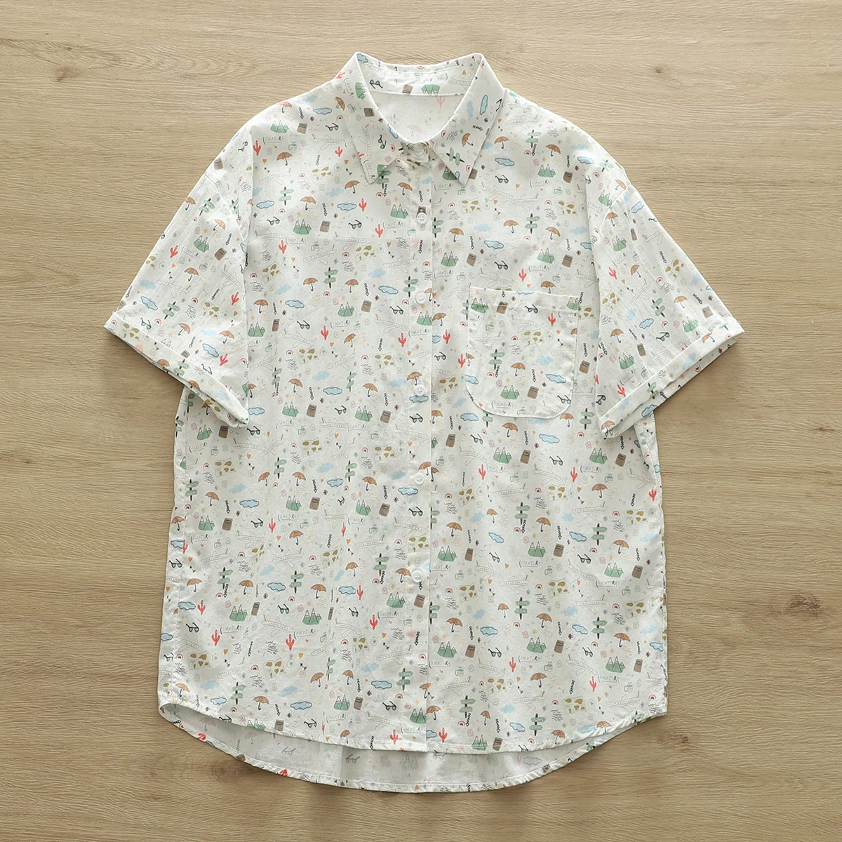 100% Cotton Yarn Shirts and Blouses Mori Girl Style Cartoon Umbrella Printed Shirts Summer Clothes Kawaii Short Sleeve Tops