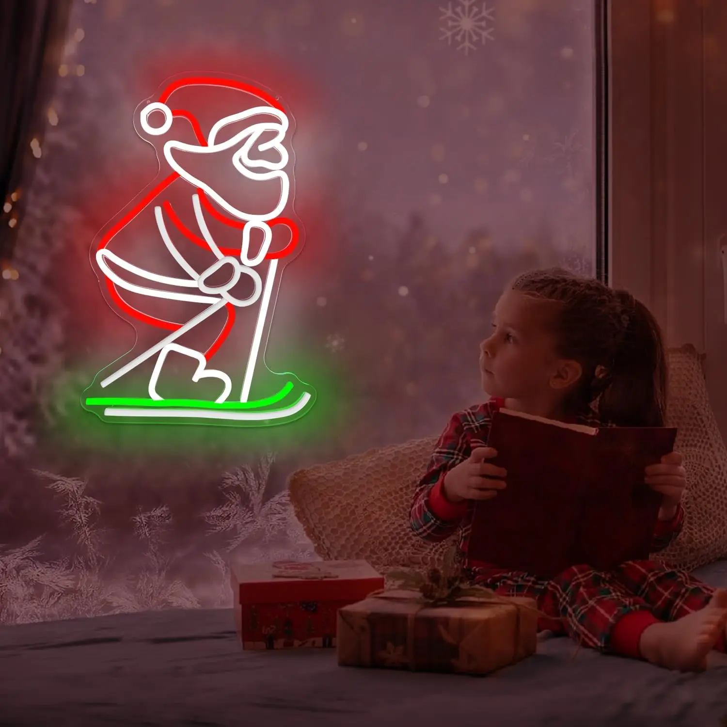 عيد الميلاد النيون تسجيل USB عكس الضوء LED سانتا التزلج ضوء النيون لزينة عيد الميلاد نافذة غرفة نوم ديكور المنزل الطرف هدية