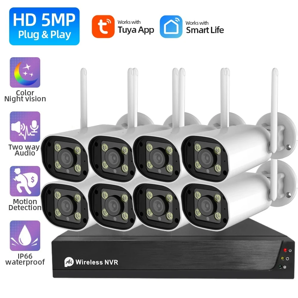 

5MP Tuya Wireless Security Camera System 8CH WiFi NVR Kit Outdoor Color Night Vision 4 Channel CCTV Surveillance Camera Kit 4CH
