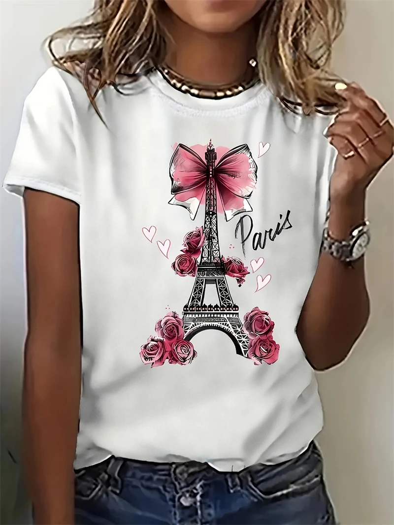 T-shirt Casual da donna con stampa della torre Eiffel di parigi-Top Activewear a maniche corte