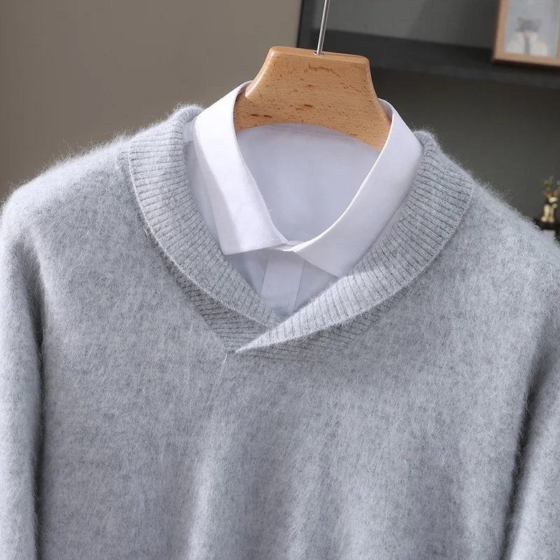 Fall/Winter 2025 New Mink Cashmere Men's Green Collar Solid Color Sweater Pullover Casual Wool Knitted Bottom Shirt
