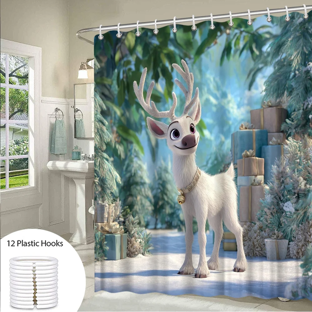 1pc Winter Reindeer Shower Curtain - Cute Cartoon Character with Presents in Snowy Landscape, 70.8x70.8 Inch, Polyester, Machine