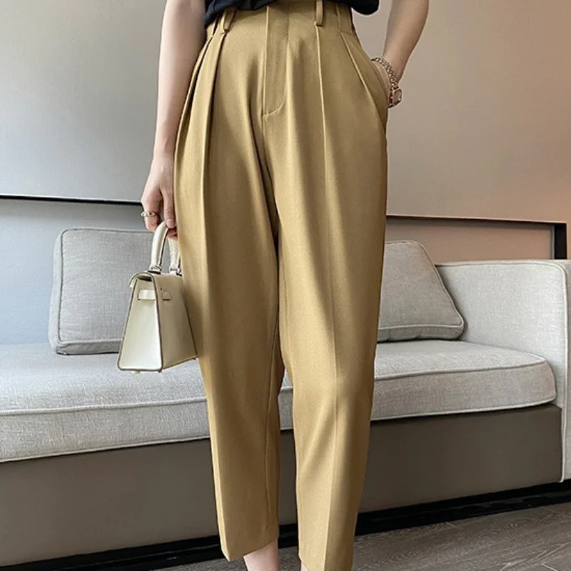 2023 New Bifold High Waist Three-dimensional Loose Micro Cone High Waist Skinny Casual Suit Trousers