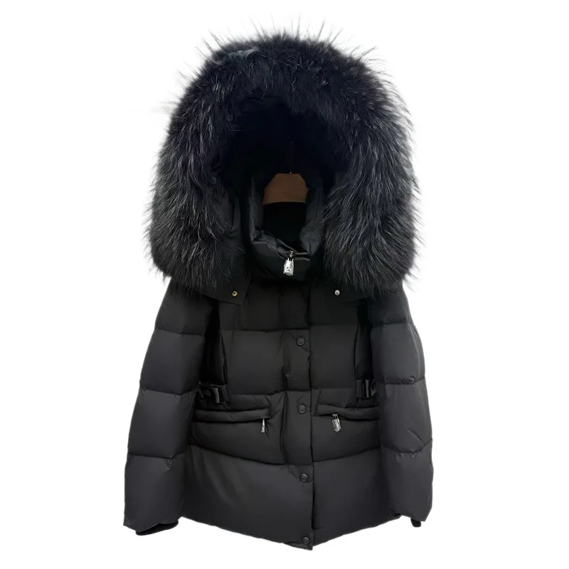 

2025 winter new European fox big fur collar white goose down jacket women's short hooded waist thickened jacket