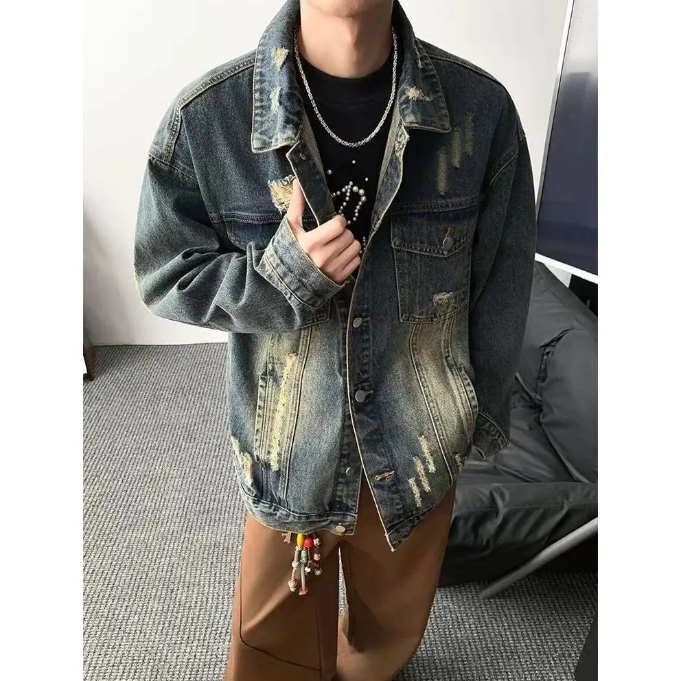 جاكيت دينيم أمريكي الطراز ممزق ثقيل الوزن للجنسين، مناسب للربيع والخريف، بتصميم عصري أنيق، ياقة رائعة، مناسب للأزواج، قصة فضف...