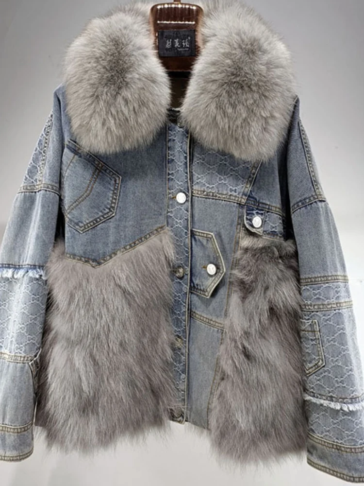 BZVW White Duck Down Denim Fox Fur Patchwork Coats Women\'s 2024 Winter New Lapel Single Breasted Contrast Color Coats 25Z1191