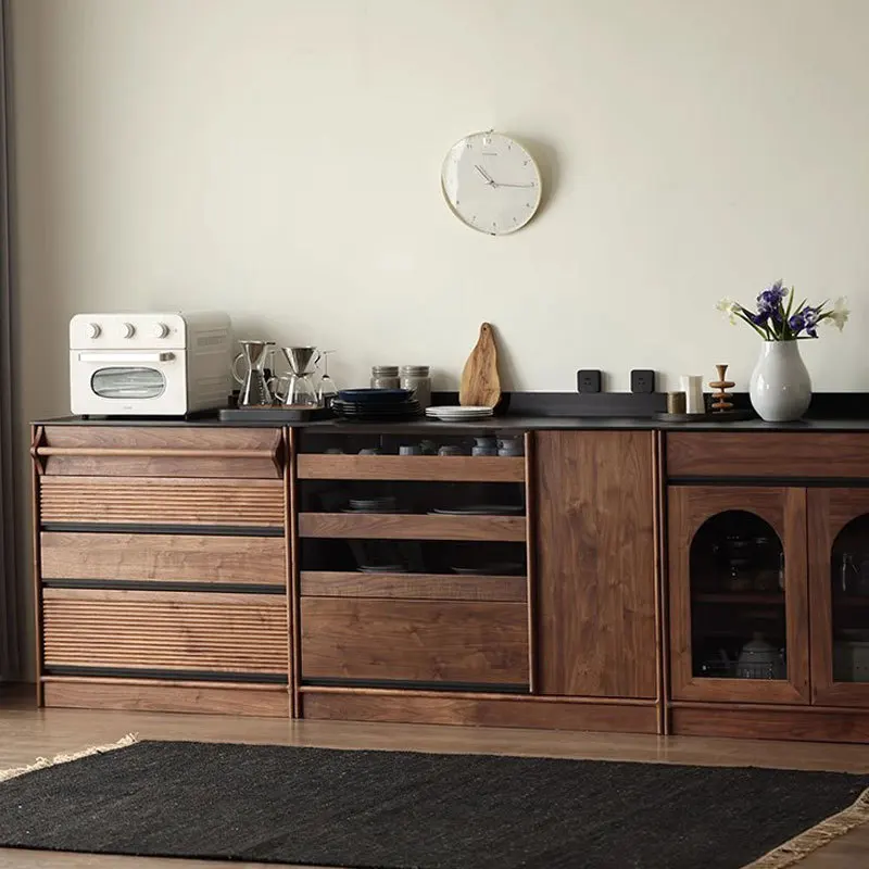 North American Black Walnut Side Cabinet Vintage Restaurant Solid Wood Slate Storage Cabinet Power Track Japanese Tea