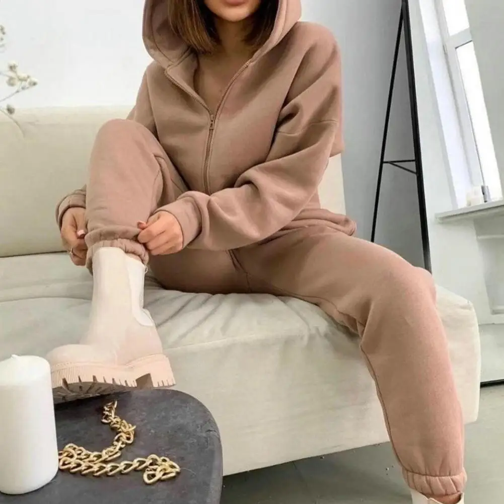 2 Pcs/Set Women Coat Pants Set Loose Zipper Elastic Waist Hooded Solid Color Warm Fleece Elastic Cuff Thick Autumn Tracksuit