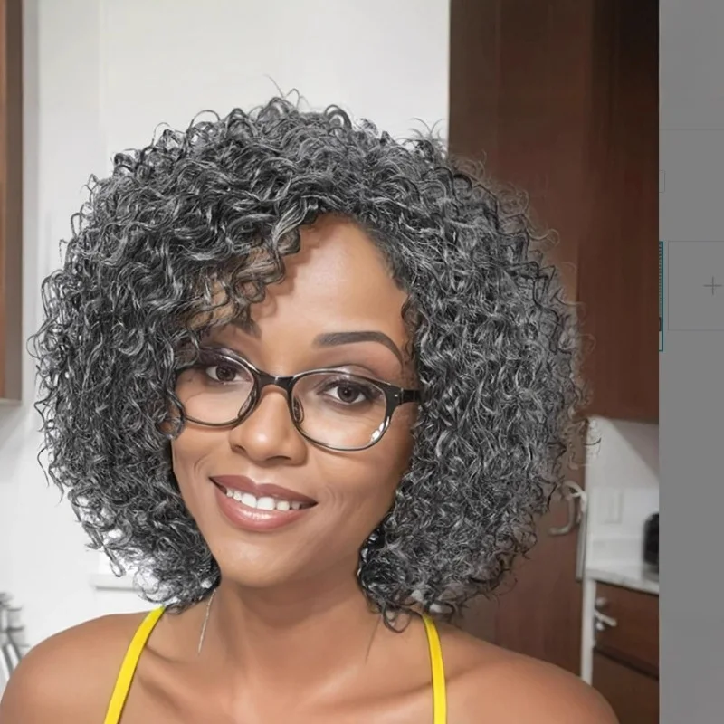 

New wig for African women, gray side-parted short curly hair, synthetic fiber cap with hand-tied small curls