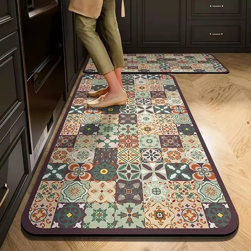 VIKAMA 1/2pcs Vintage Floral Tile-Patterned Floor Mats—Waterproof and Durable for Entryways, Kitchens, Balconies, and Home Decor