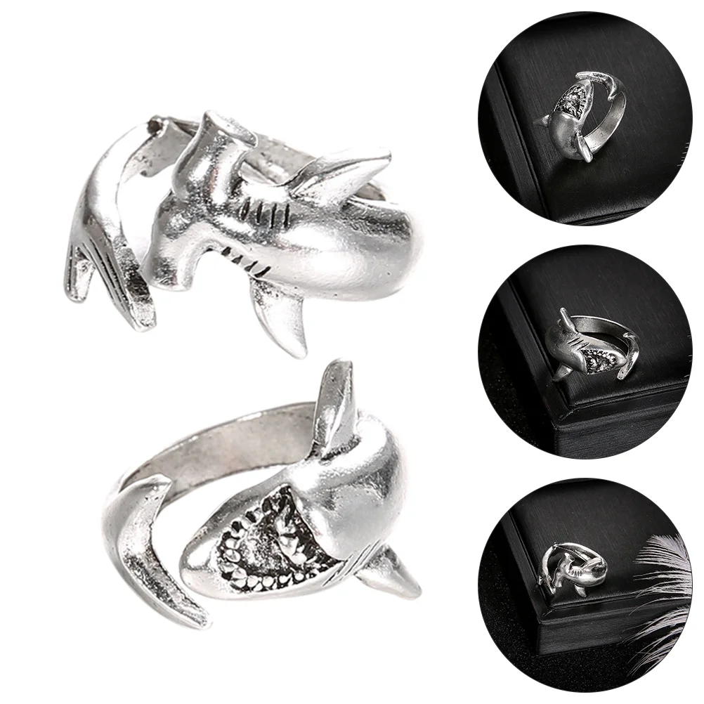 2 Pcs Shark Thumb Rings Open Finger Animal Stackable Round Alloy Wrap Matching Knuckle