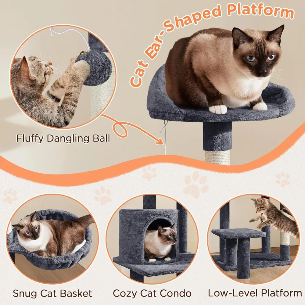 57in Multi-Level Cat Tree Tower with Extended Platform, Padded Perch, Scratching Posts & Ball for Large Cats