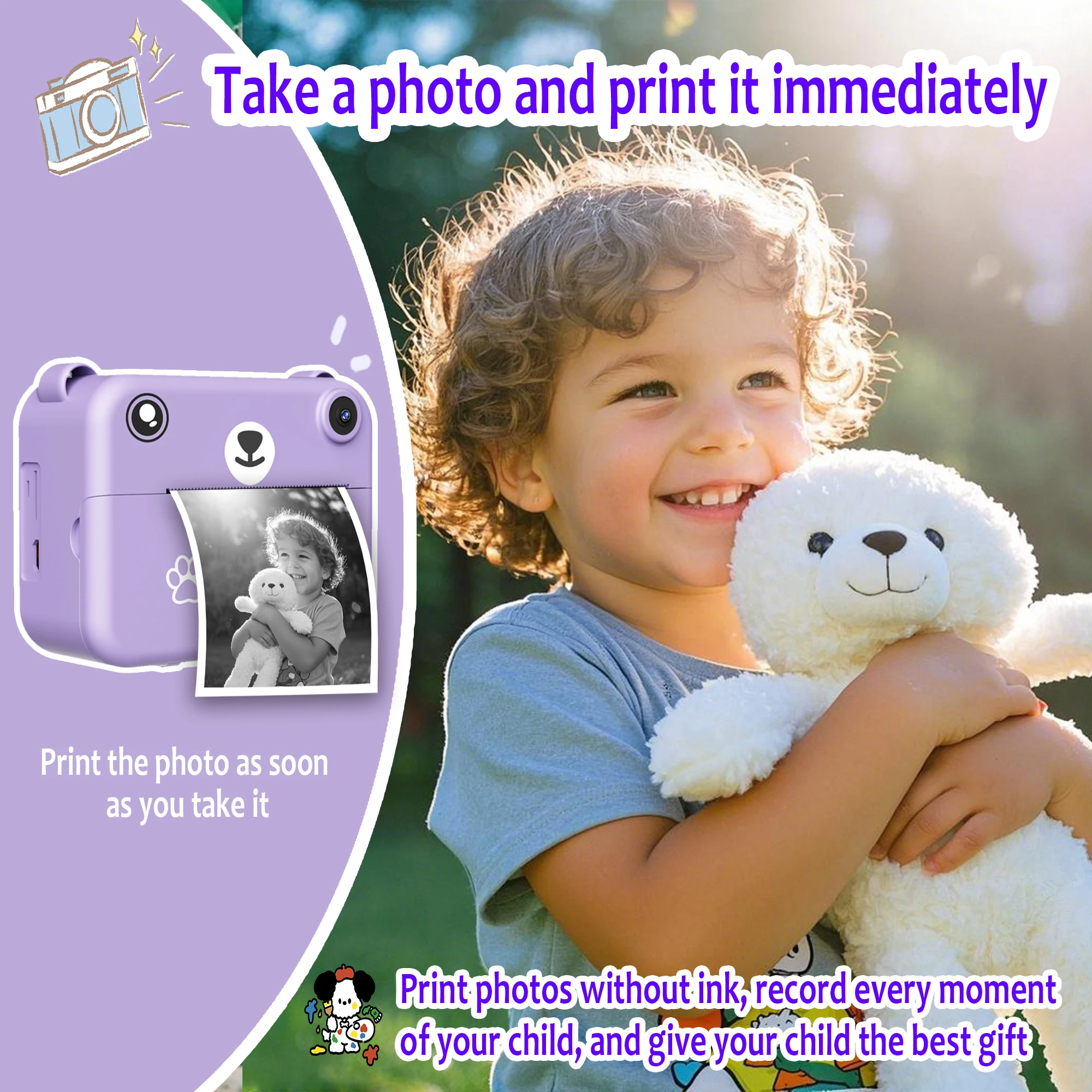 Kids Camera Instant Print Toy Portable Small Camera With 32G Memory Card ,3 Rolls Printing Paper, Gift For Boys And Girls