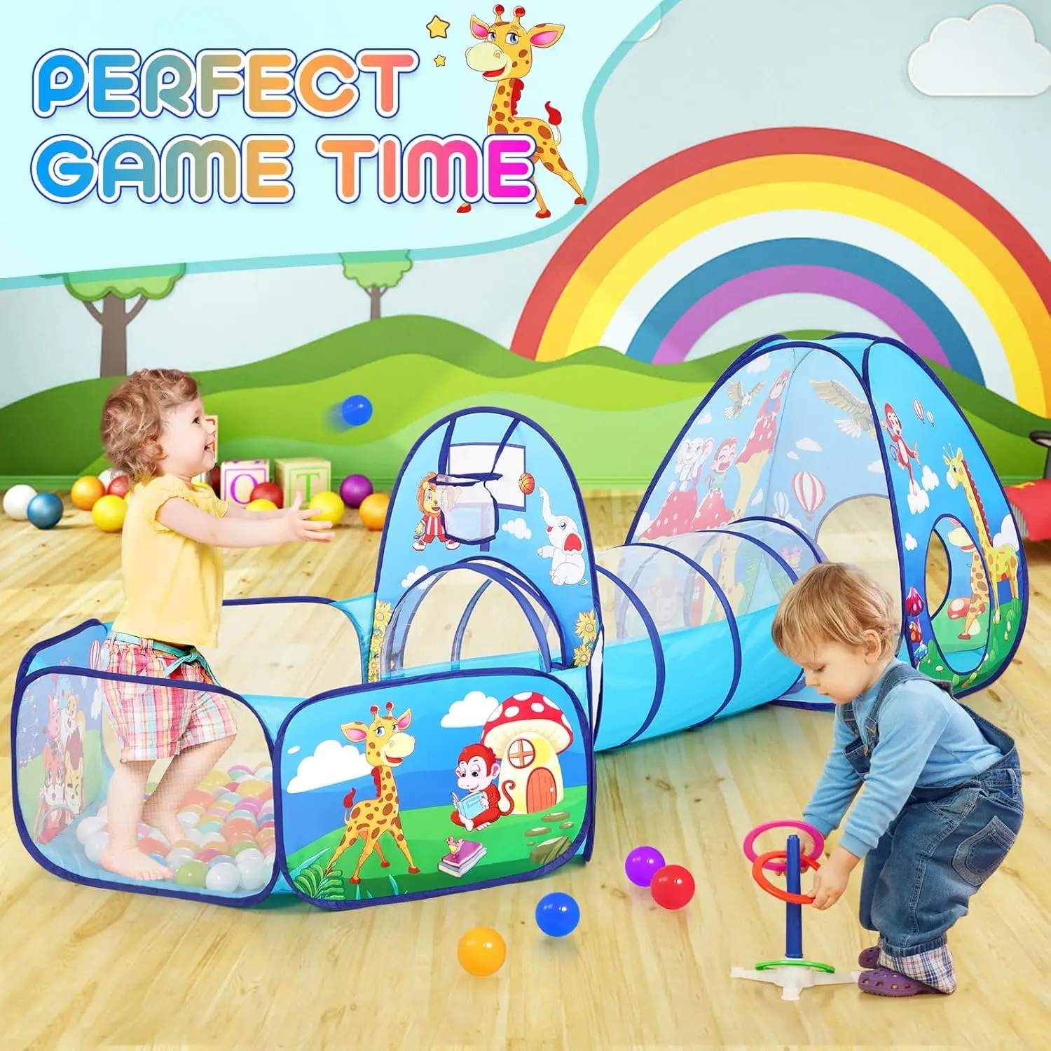 Tenda da gioco per bambini 3 in 1 per bambini con pozzo per palline e tunnel da gioco, casetta da gioco per interni ed esterni per bambini con tunnel da arrampicata giocattolo